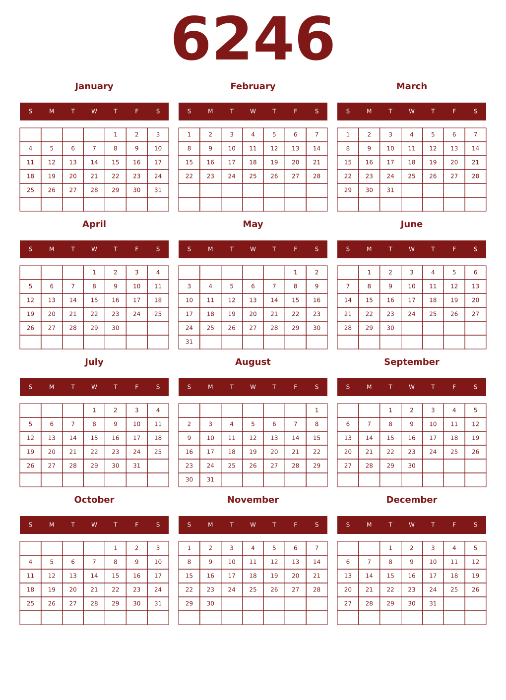 Printable 6246 Year Calendars falu