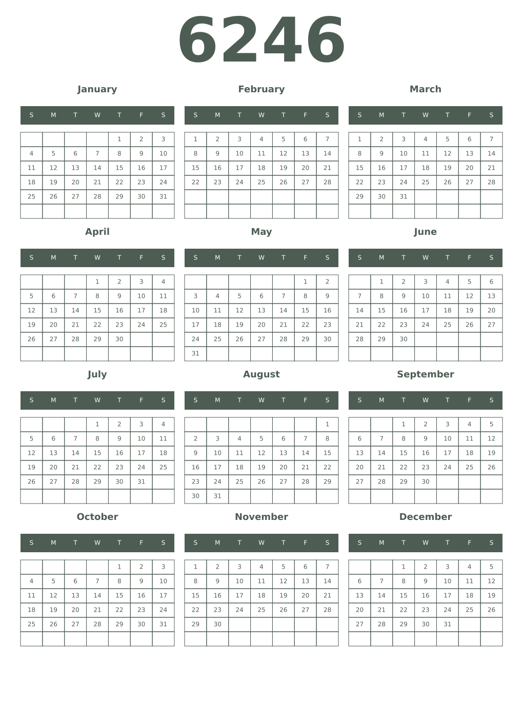 Printable 6246 Year Calendars feldgrau