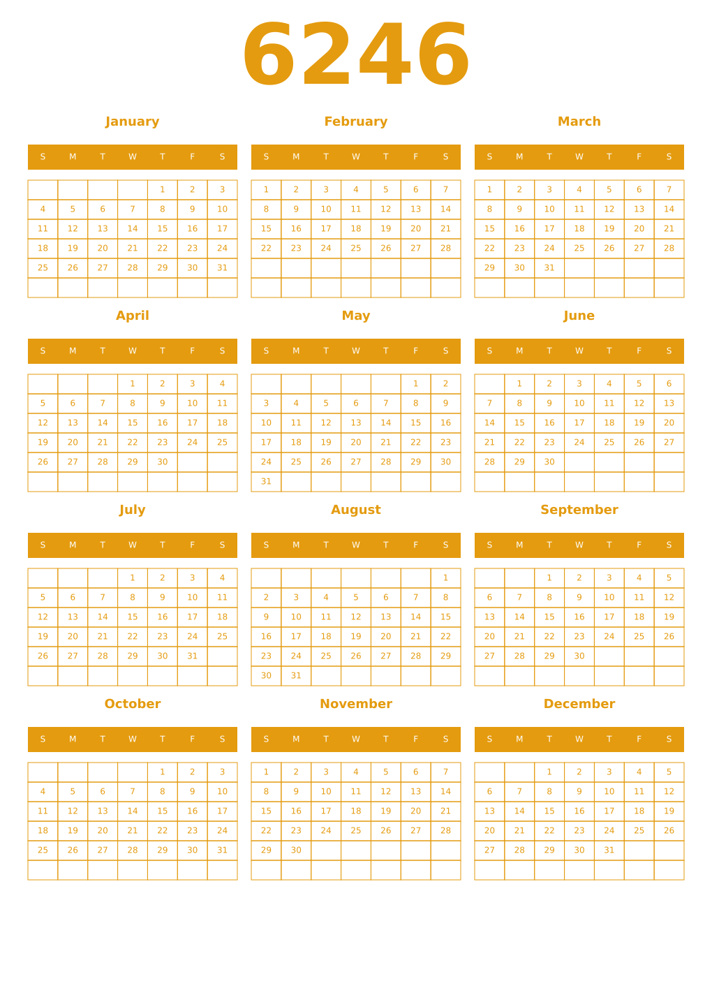 Printable 6246 Year Calendars gamboge