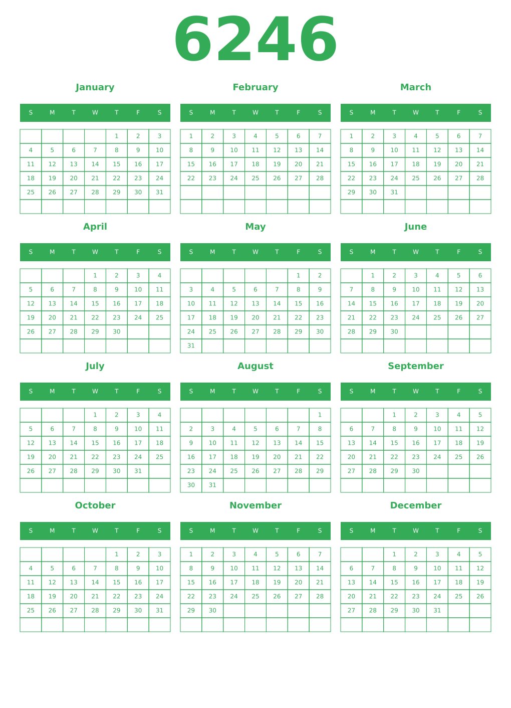 Printable 6246 Year Calendars green