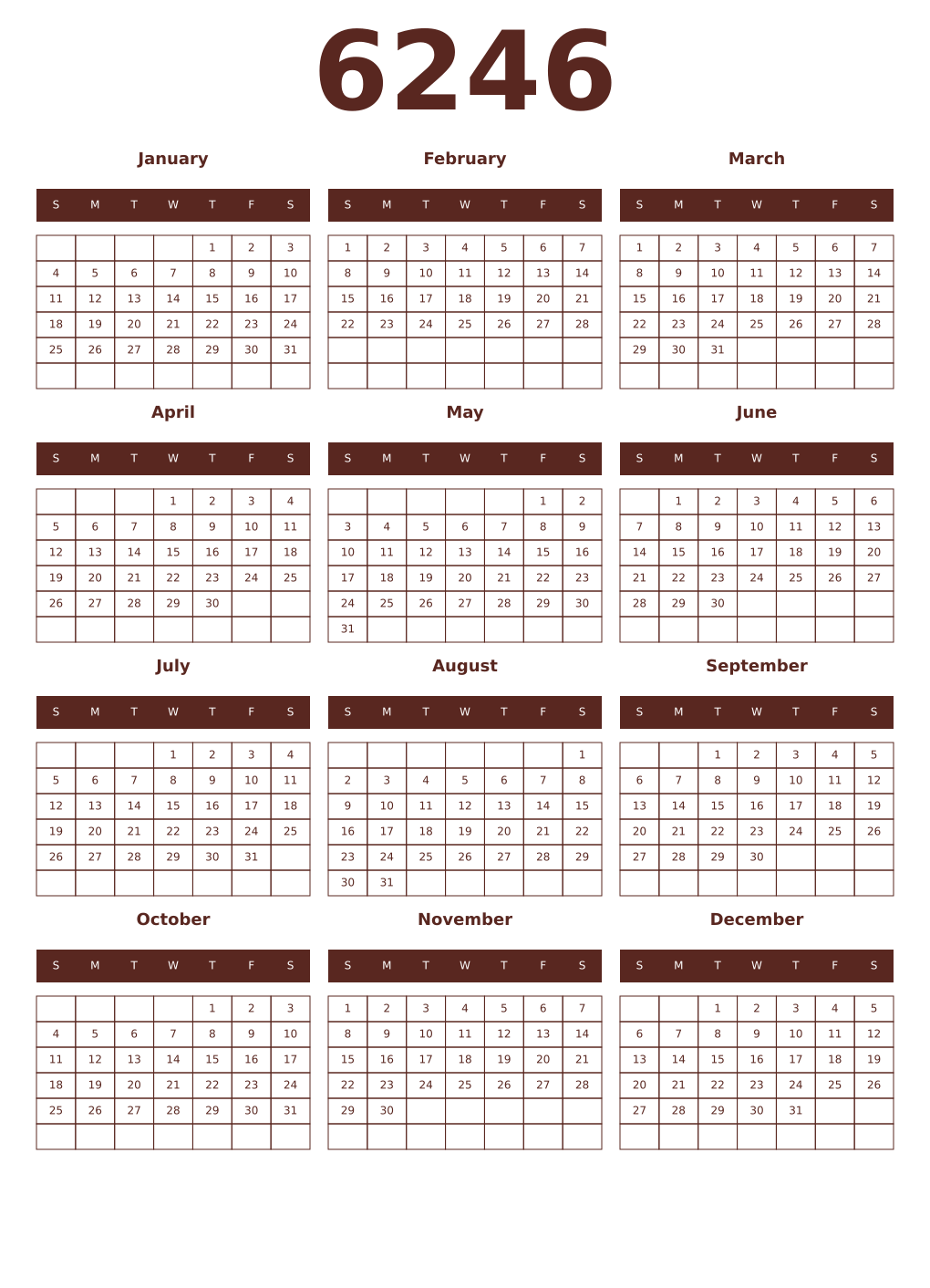 Printable 6246 Year Calendars mortuum