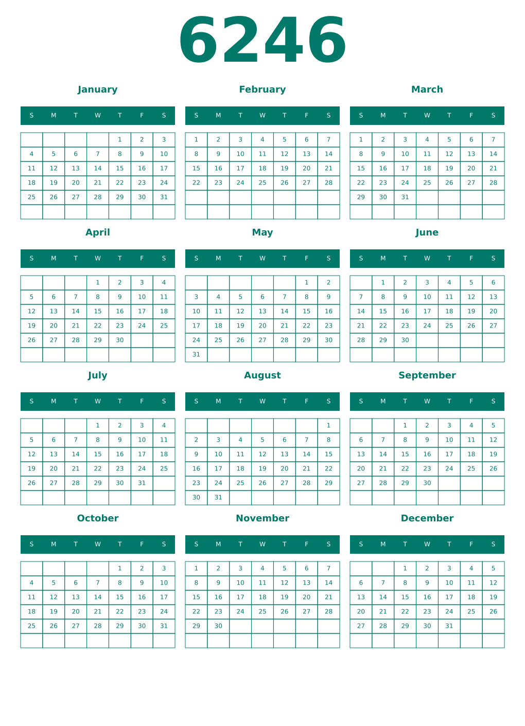 Printable 6246 Year Calendars pastel
