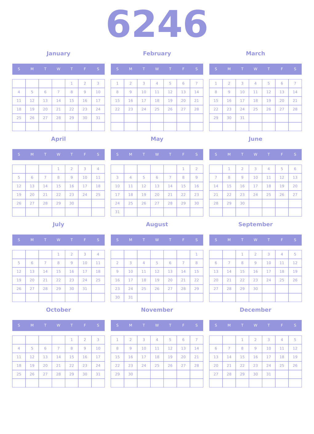Printable 6246 Year Calendars periwinkle