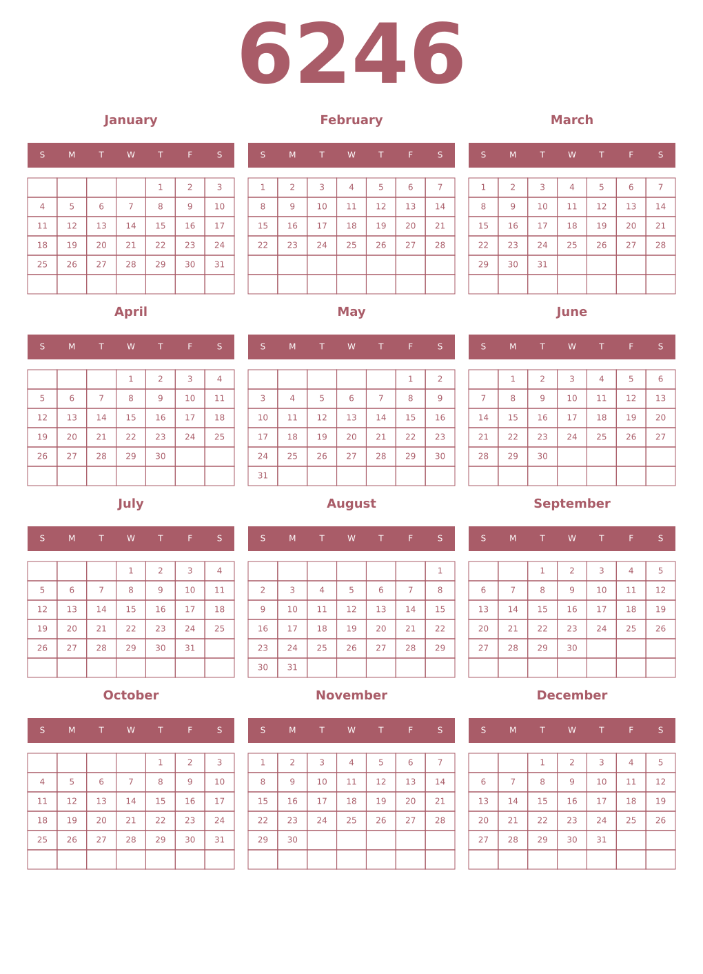 Printable 6246 Year Calendars puce