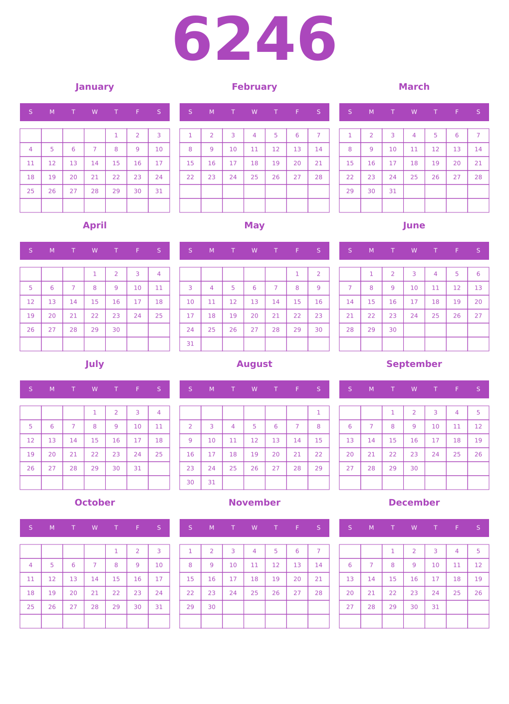 Printable 6246 Year Calendars purple