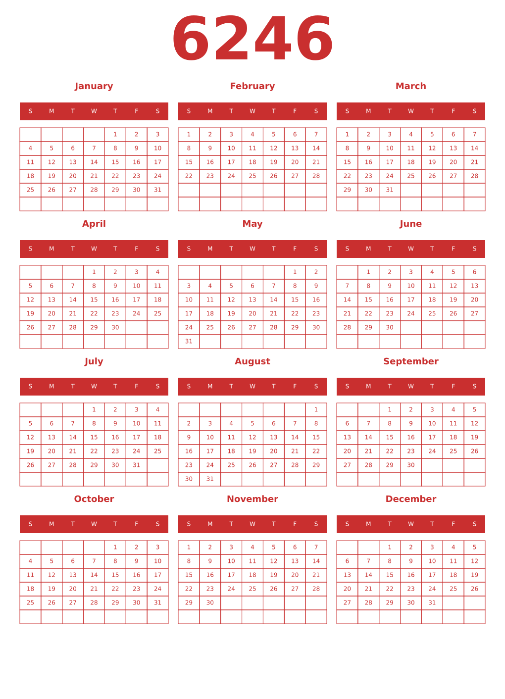 Printable 6246 Year Calendars red