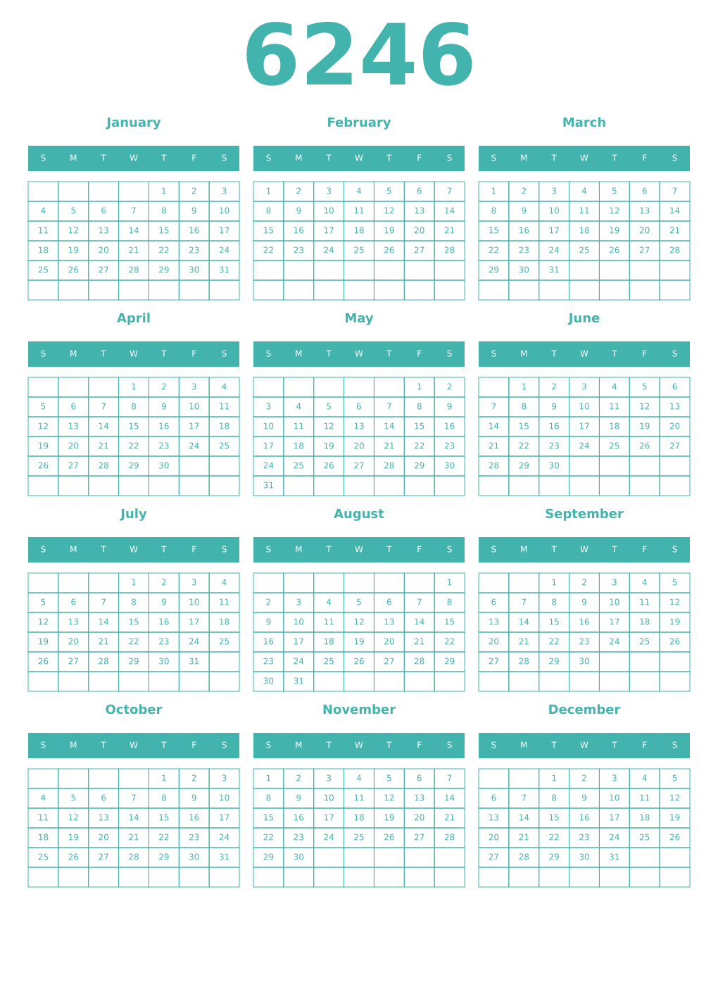 Printable 6246 Year Calendars verdigris