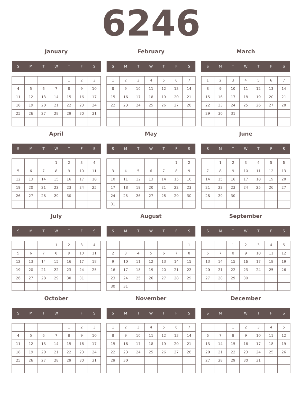 Printable 6246 Year Calendars wenge