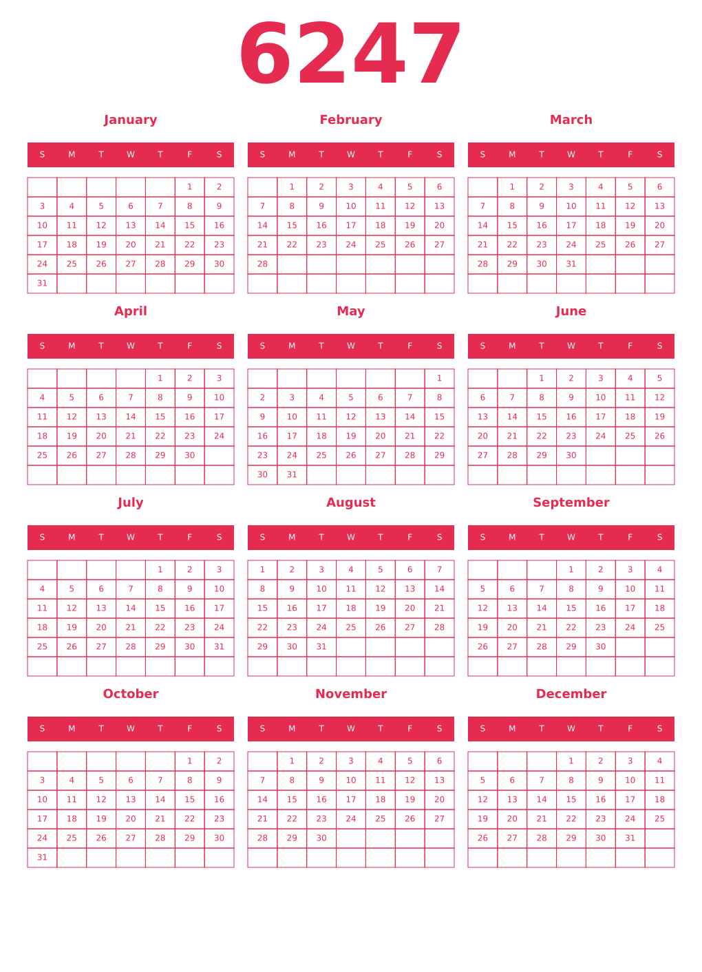Printable 6247 Year Calendars amaranth