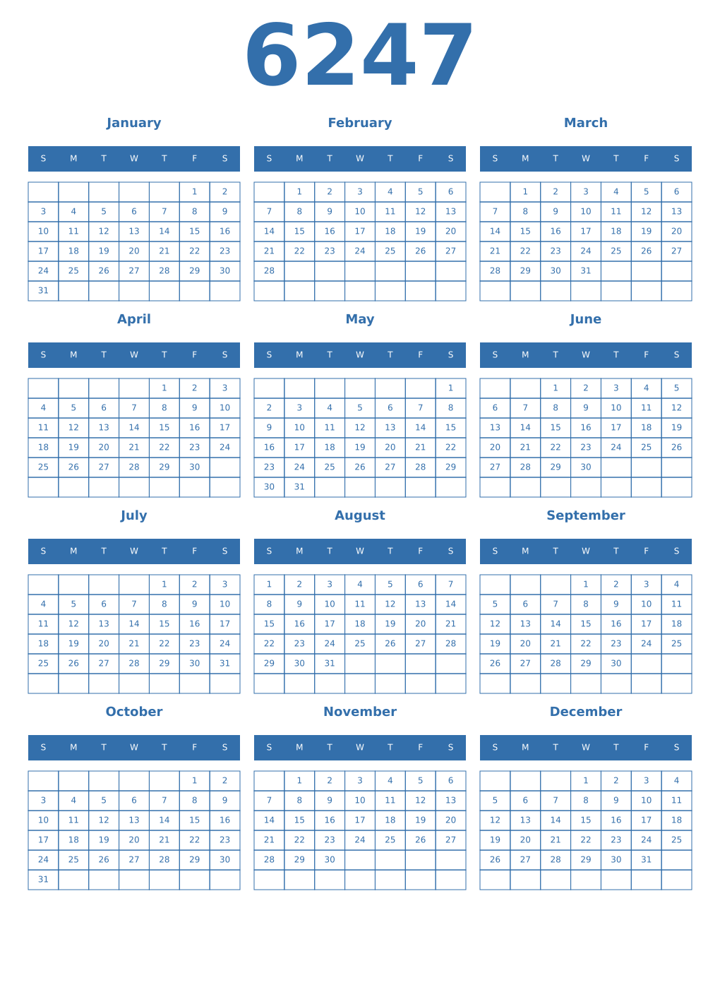 Printable 6247 Year Calendars blue