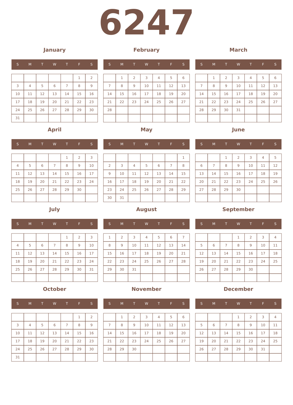 Printable 6247 Year Calendars coffe
