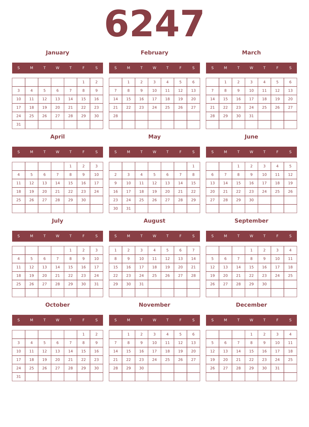 Printable 6247 Year Calendars cordovan