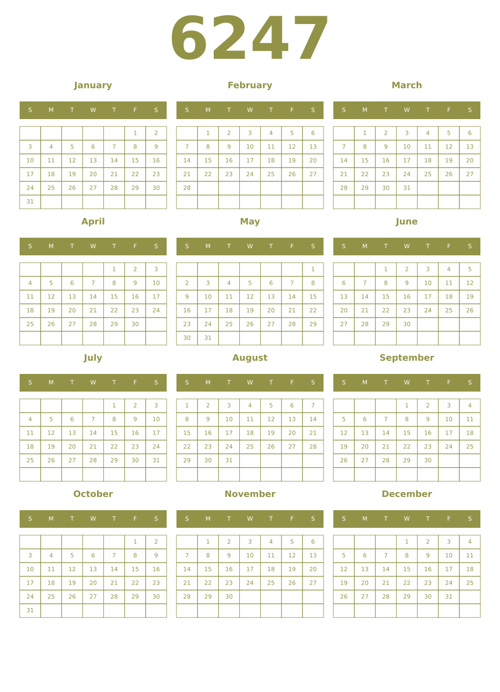 Printable 6247 Year Calendars eburnean