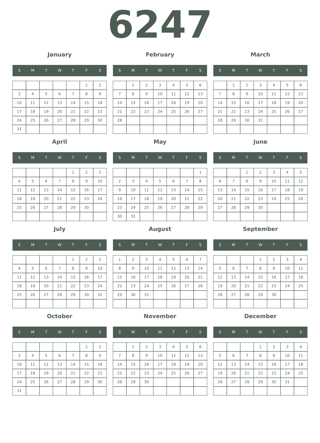 Printable 6247 Year Calendars feldgrau