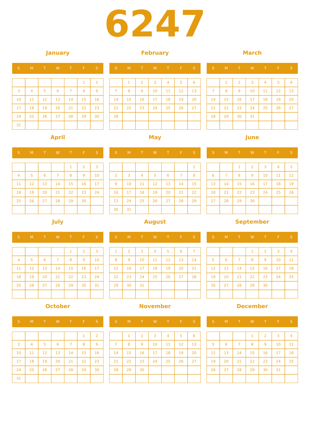 Printable 6247 Year Calendars gamboge