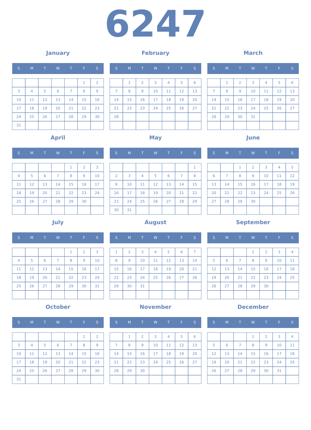 Printable 6247 Year Calendars glaucous
