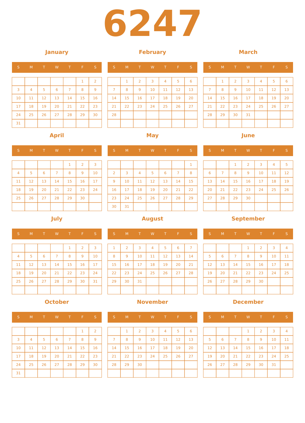 Printable 6247 Year Calendars orange
