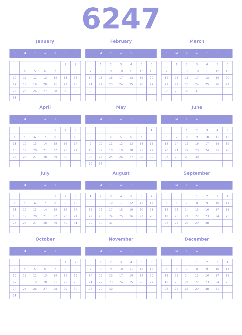 Printable 6247 Year Calendars periwinkle