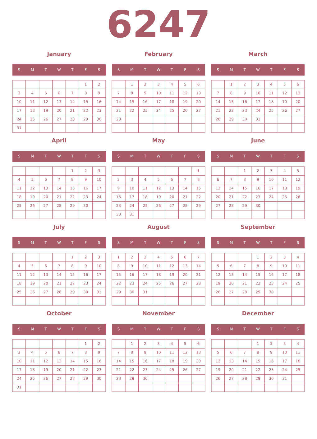 Printable 6247 Year Calendars puce