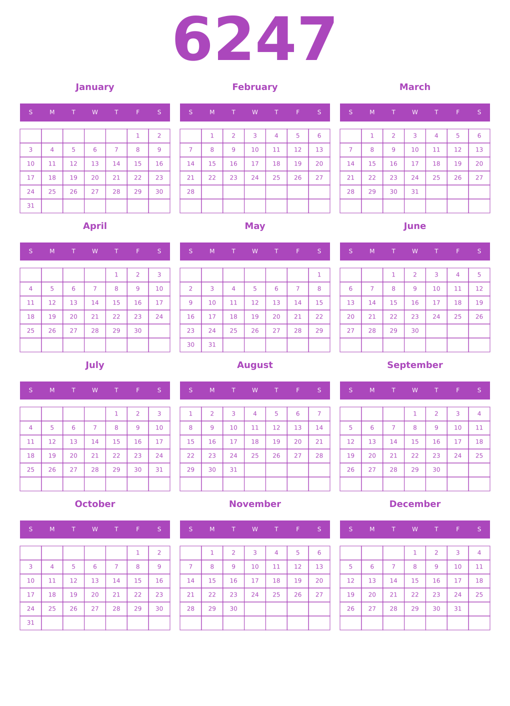 Printable 6247 Year Calendars purple