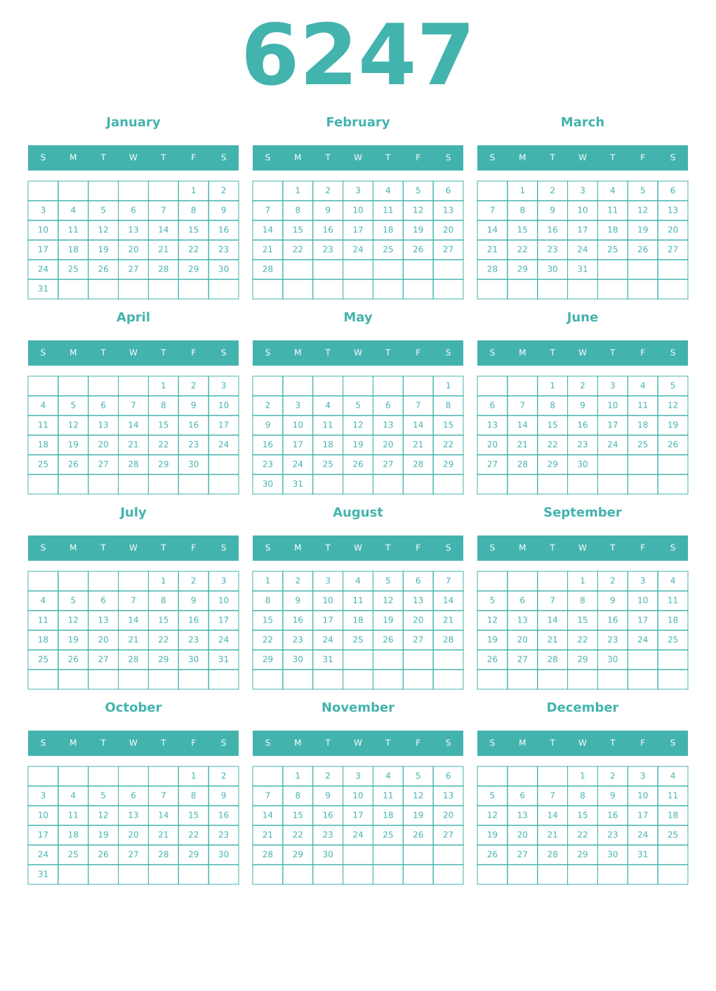 Printable 6247 Year Calendars verdigris