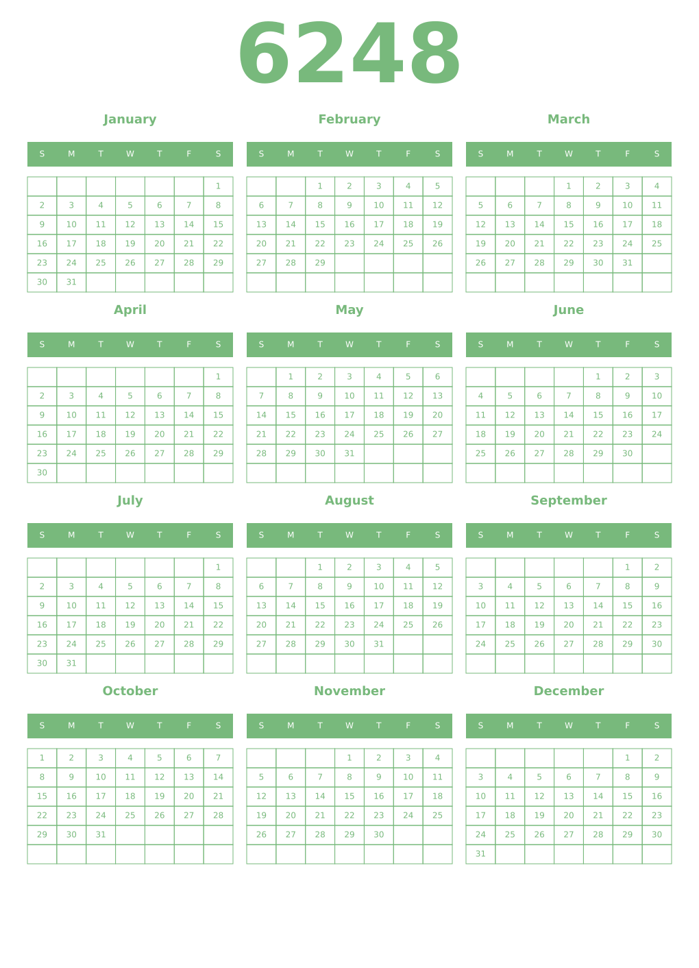 Printable 6248 Year Calendars celadon