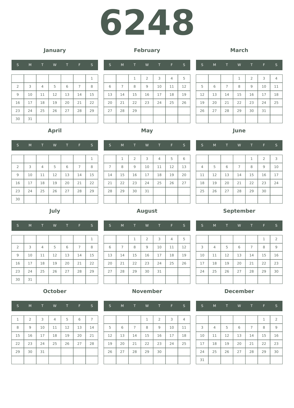 Printable 6248 Year Calendars feldgrau