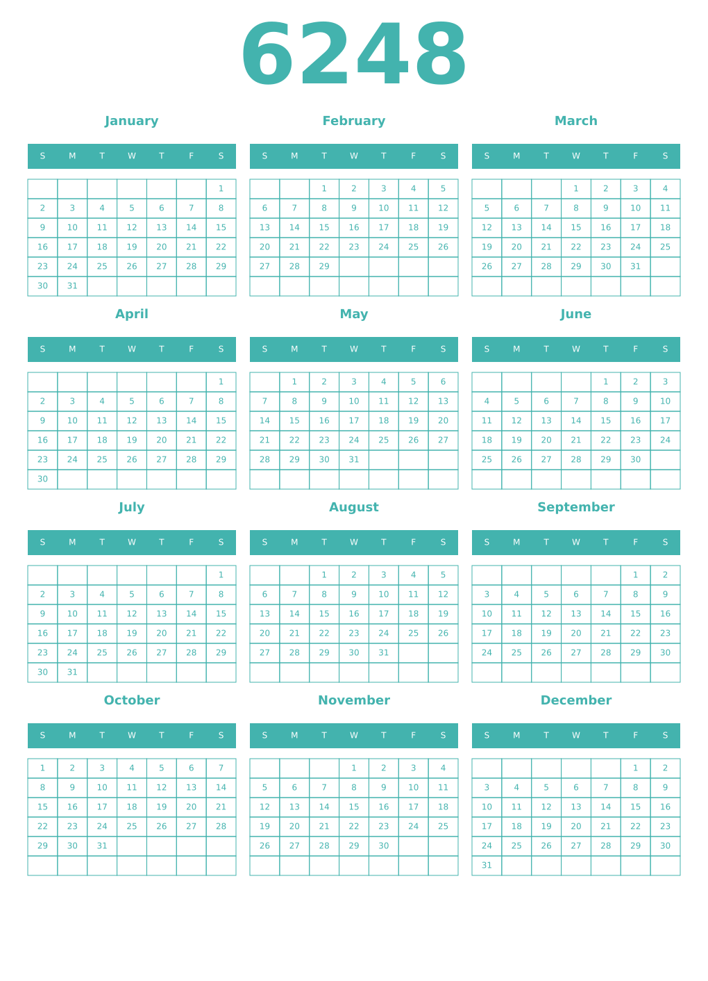 Printable 6248 Year Calendars verdigris