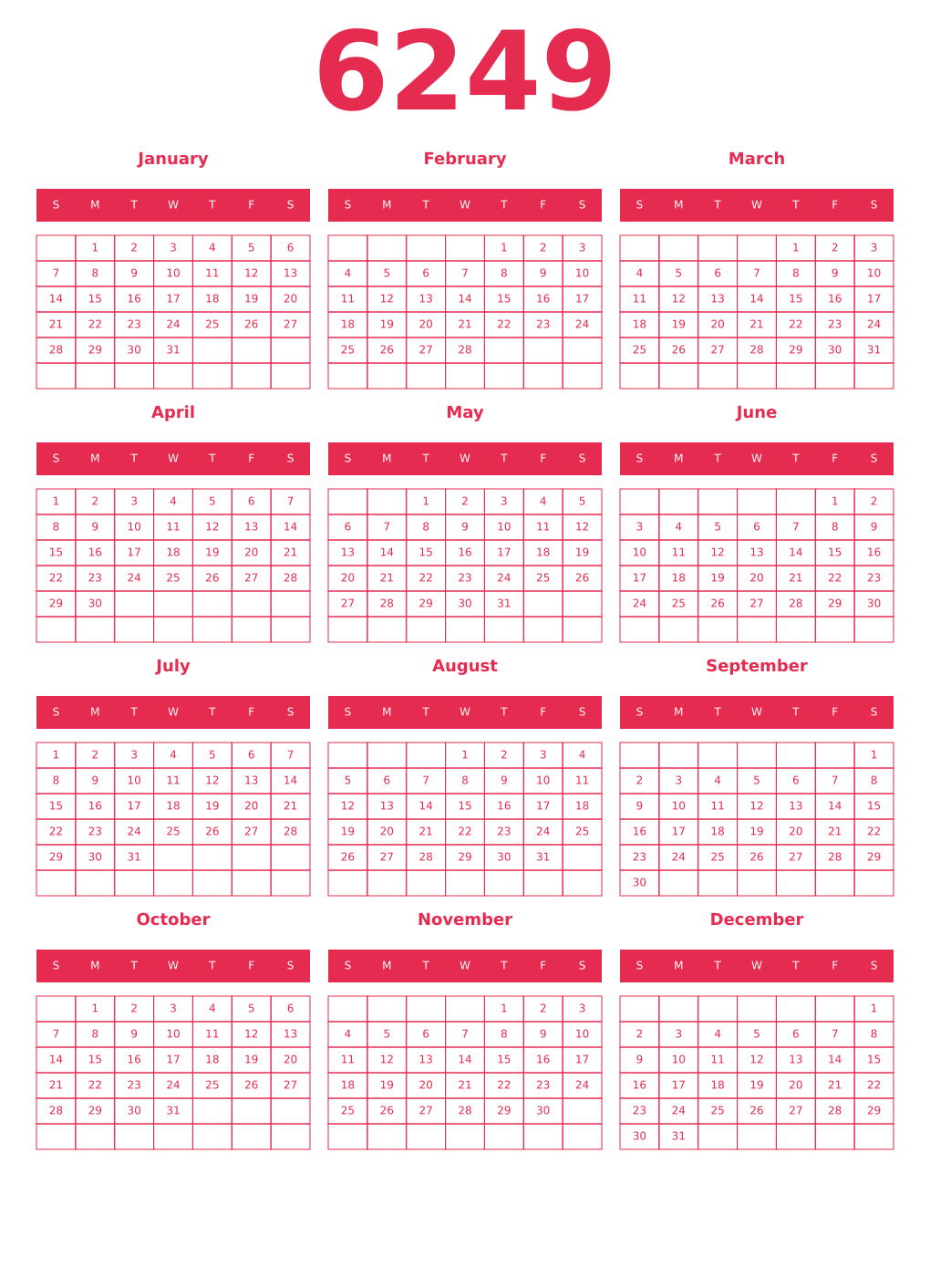 Printable 6249 Year Calendars amaranth