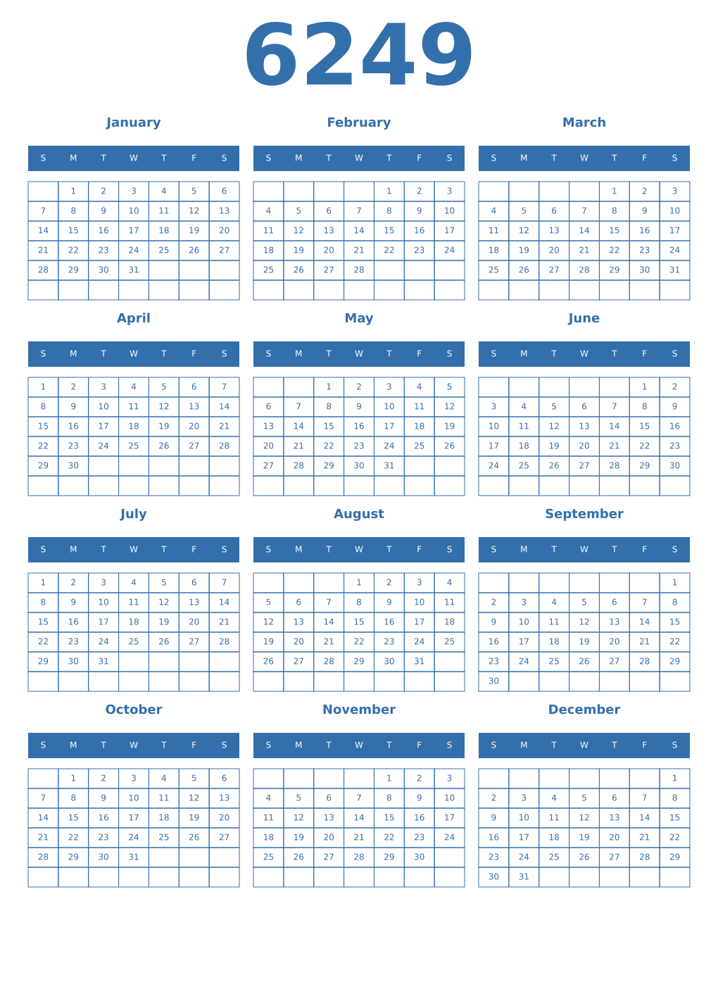 Printable 6249 Year Calendars blue