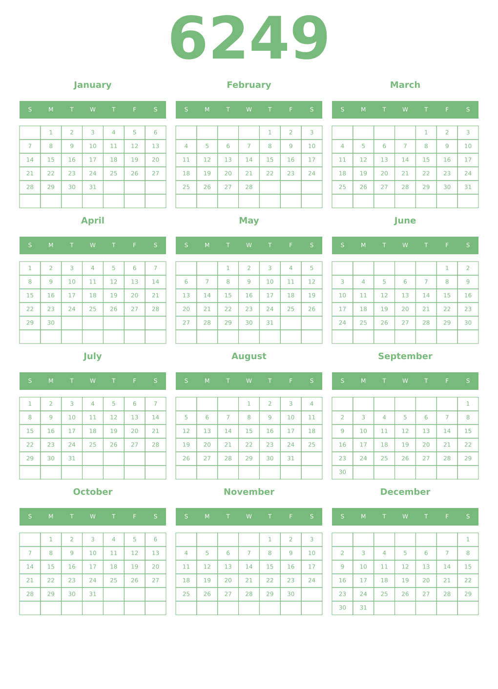 Printable 6249 Year Calendars celadon