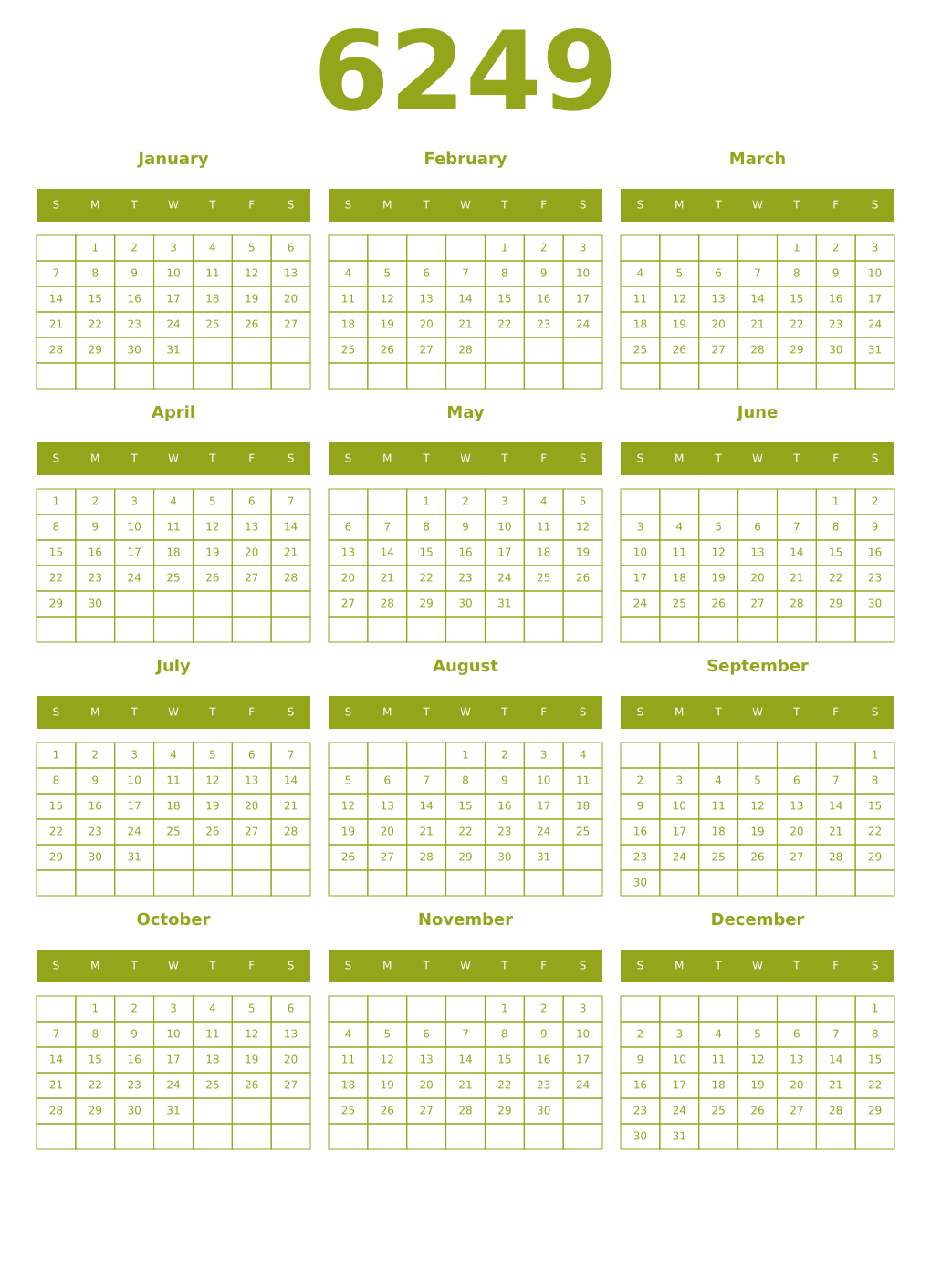 Printable 6249 Year Calendars chartreuse