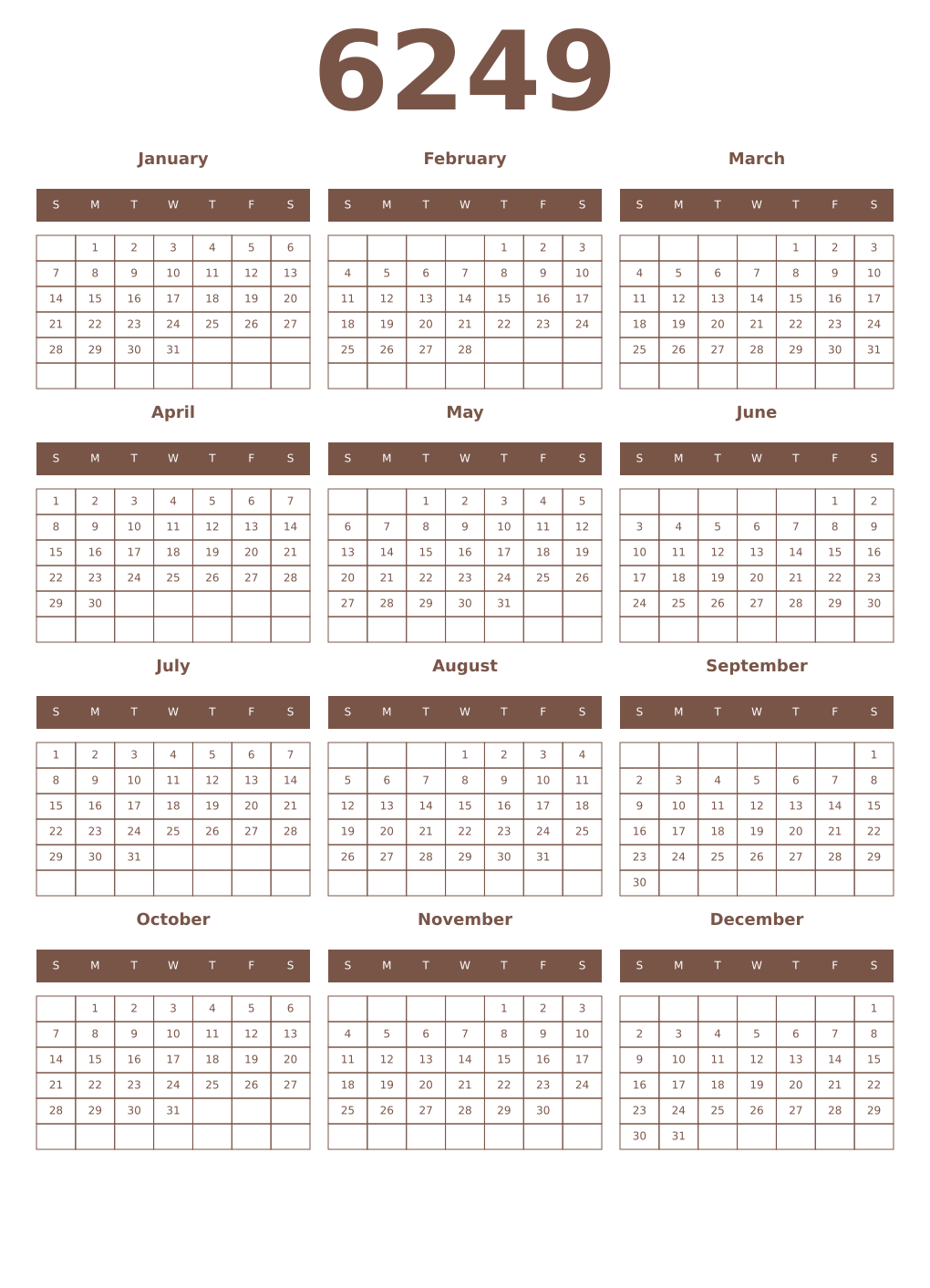 Printable 6249 Year Calendars coffe