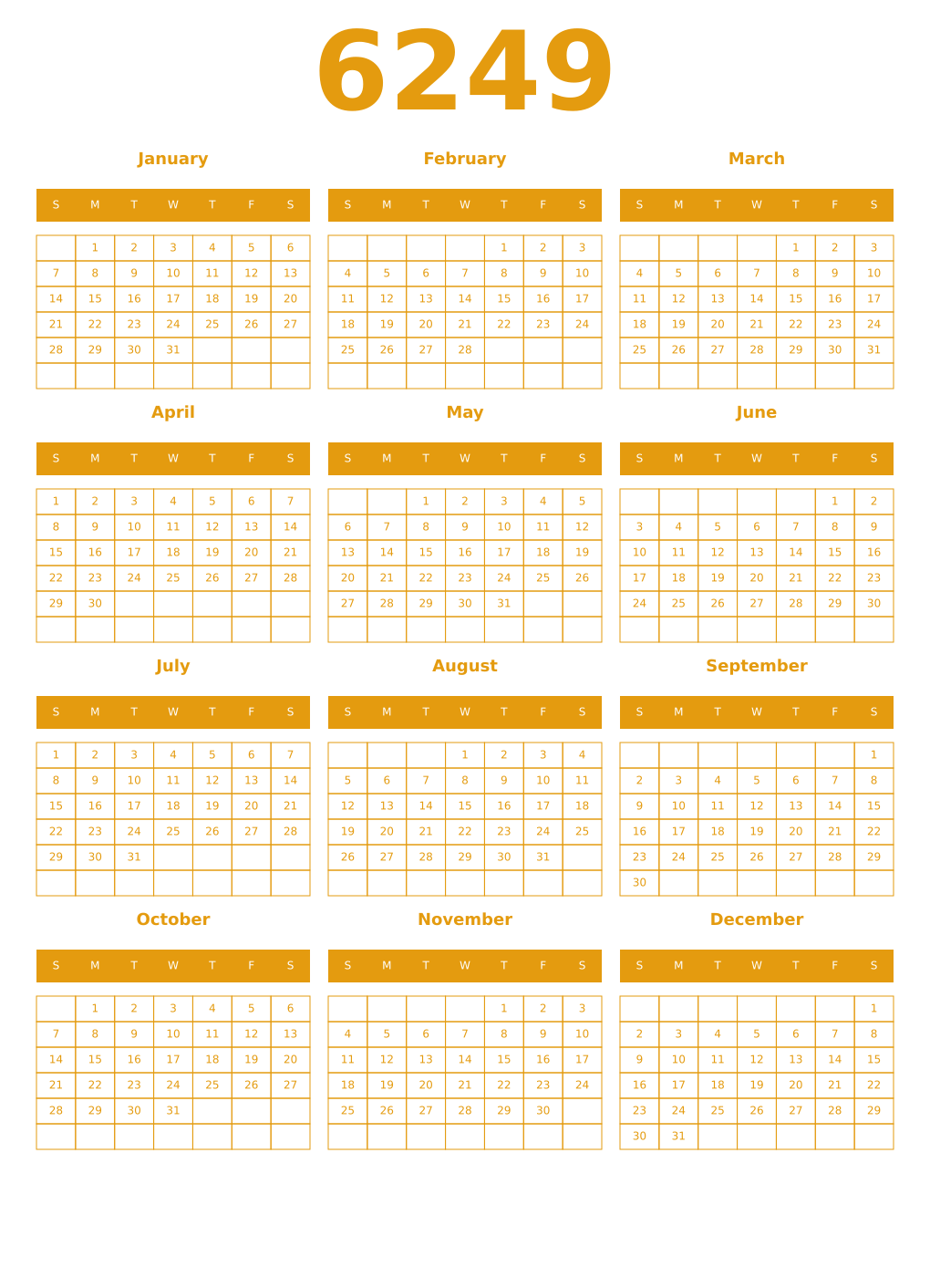 Printable 6249 Year Calendars gamboge