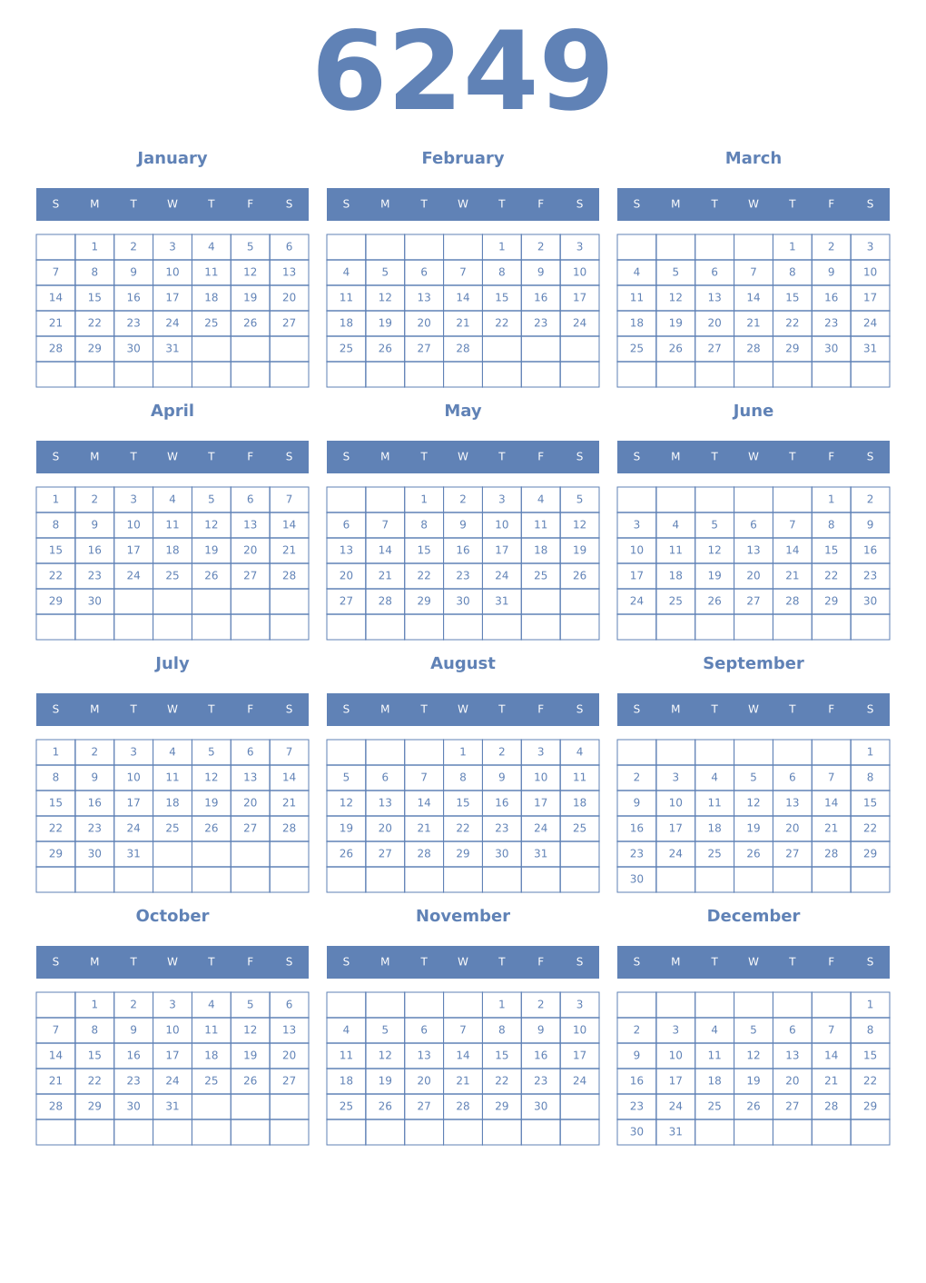 Printable 6249 Year Calendars glaucous