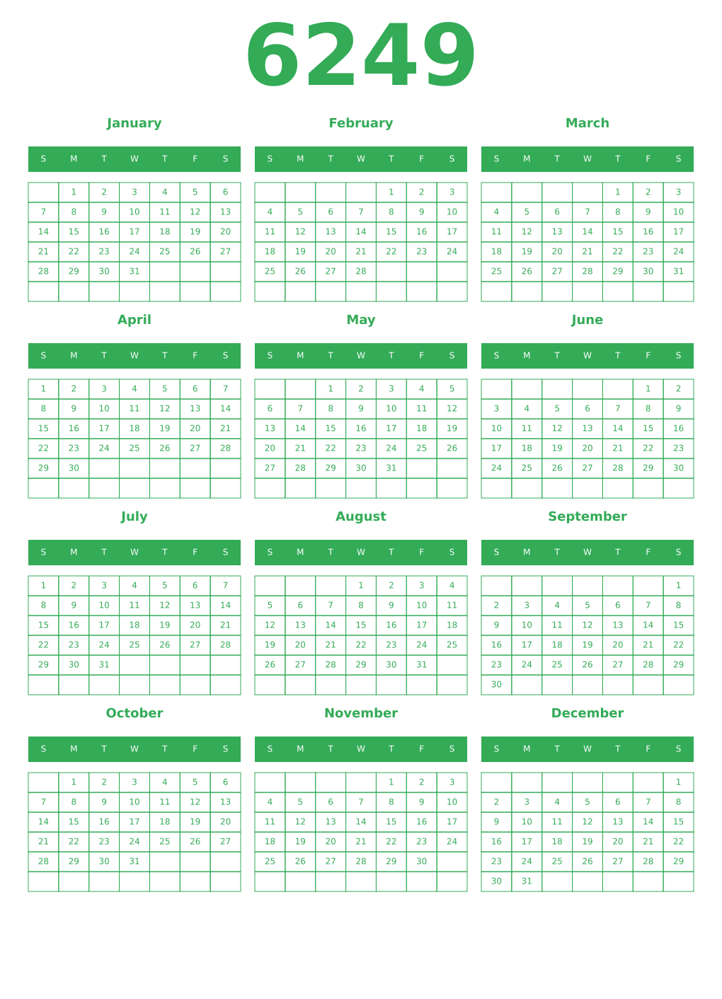 Printable 6249 Year Calendars green