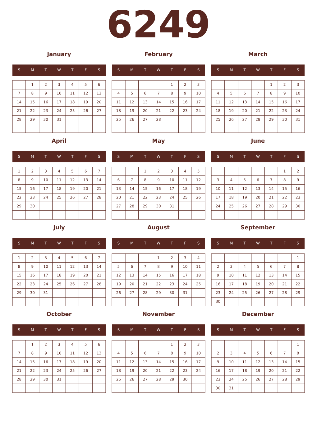 Printable 6249 Year Calendars mortuum