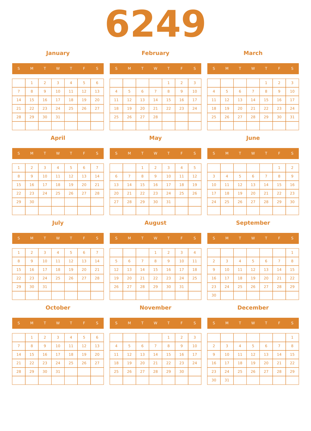 Printable 6249 Year Calendars orange
