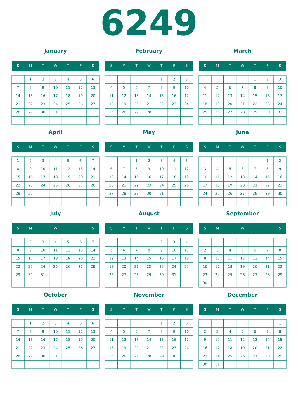Printable 6249 Year Calendars pastel