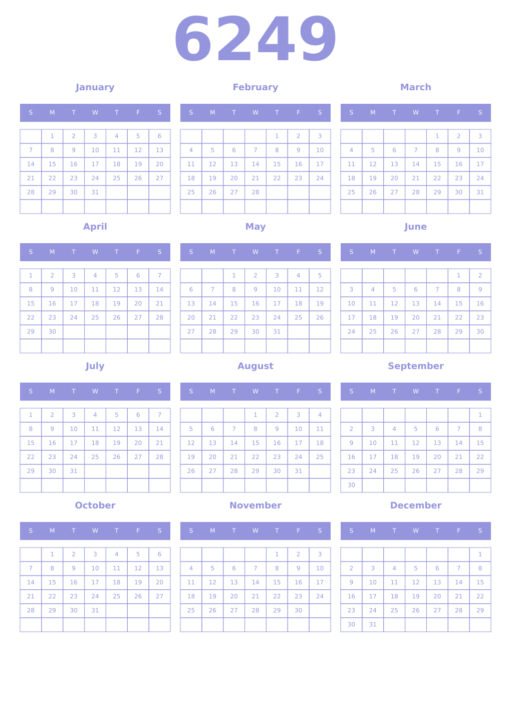 Printable 6249 Year Calendars periwinkle