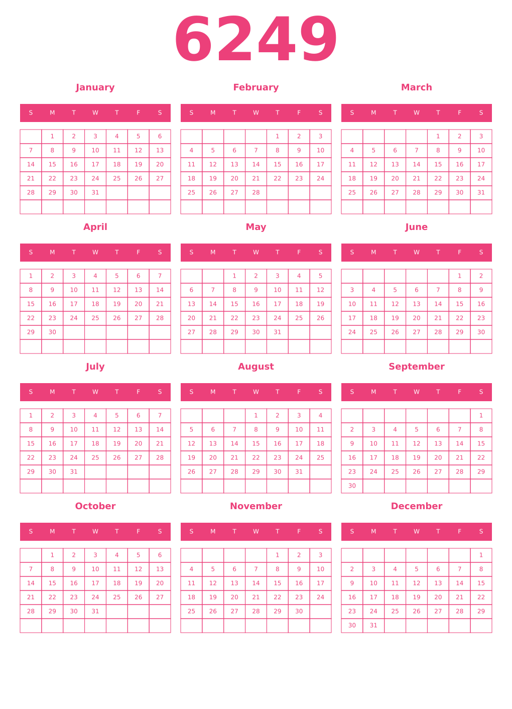 Printable 6249 Year Calendars pink