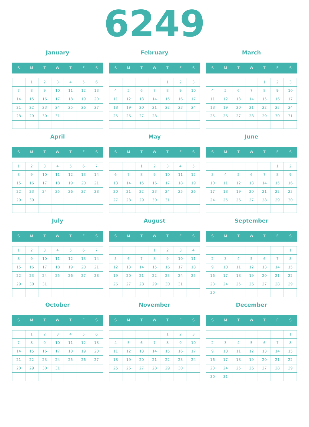 Printable 6249 Year Calendars verdigris