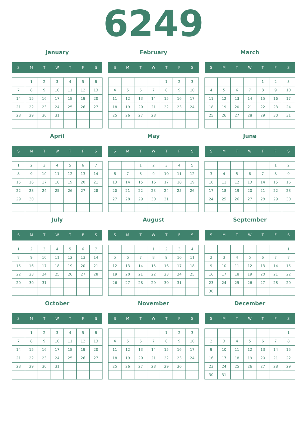 Printable 6249 Year Calendars viridian