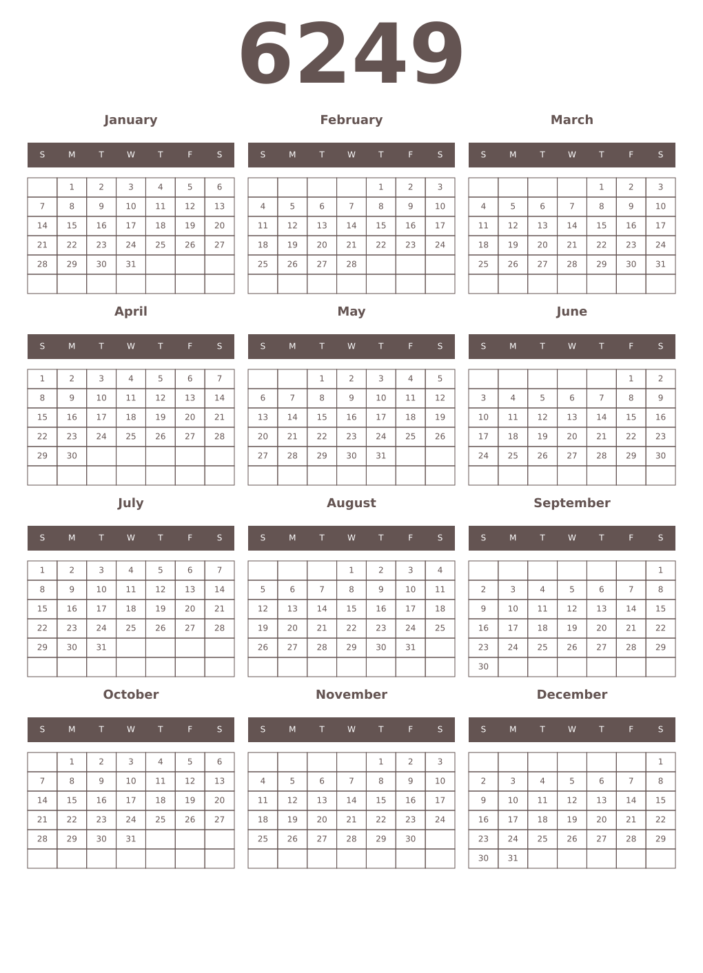 Printable 6249 Year Calendars wenge