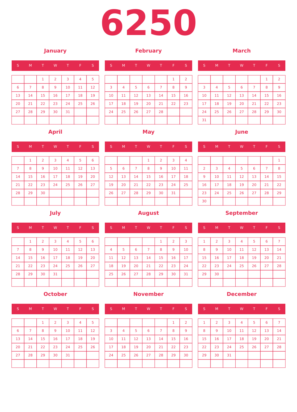 Printable 6250 Year Calendars amaranth