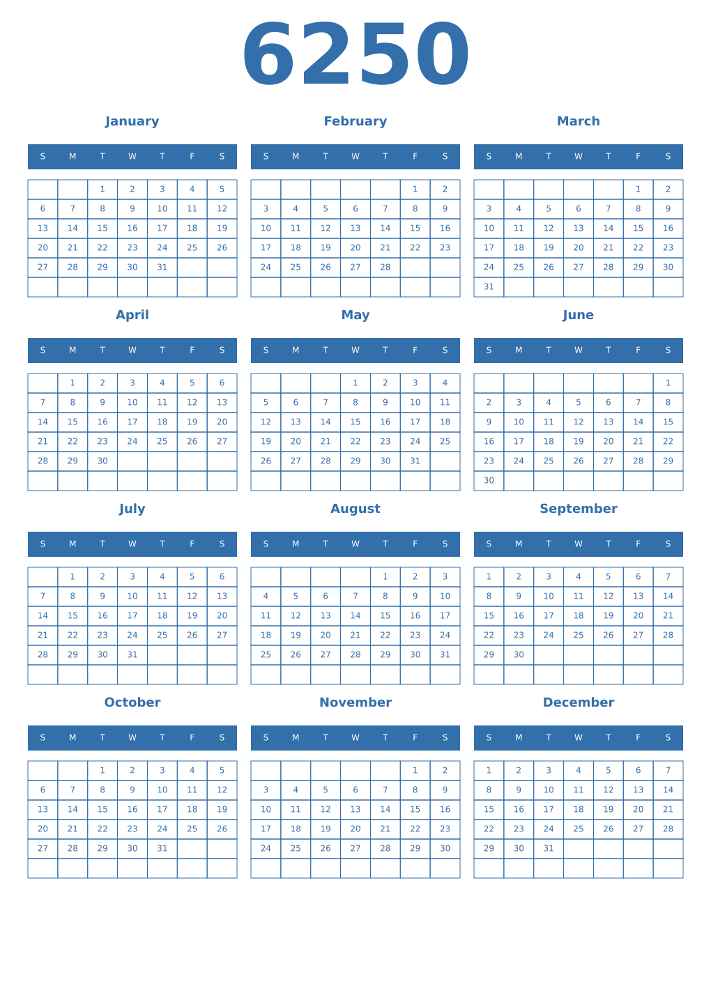 Printable 6250 Year Calendars blue