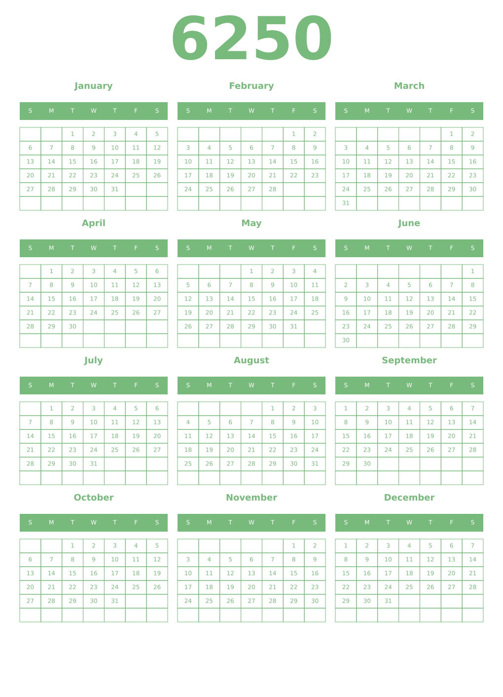 Printable 6250 Year Calendars celadon