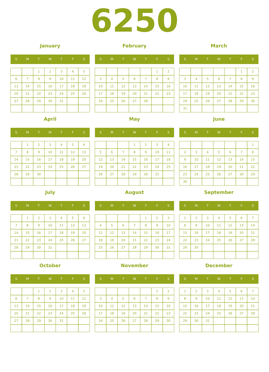 Printable 6250 Year Calendars chartreuse