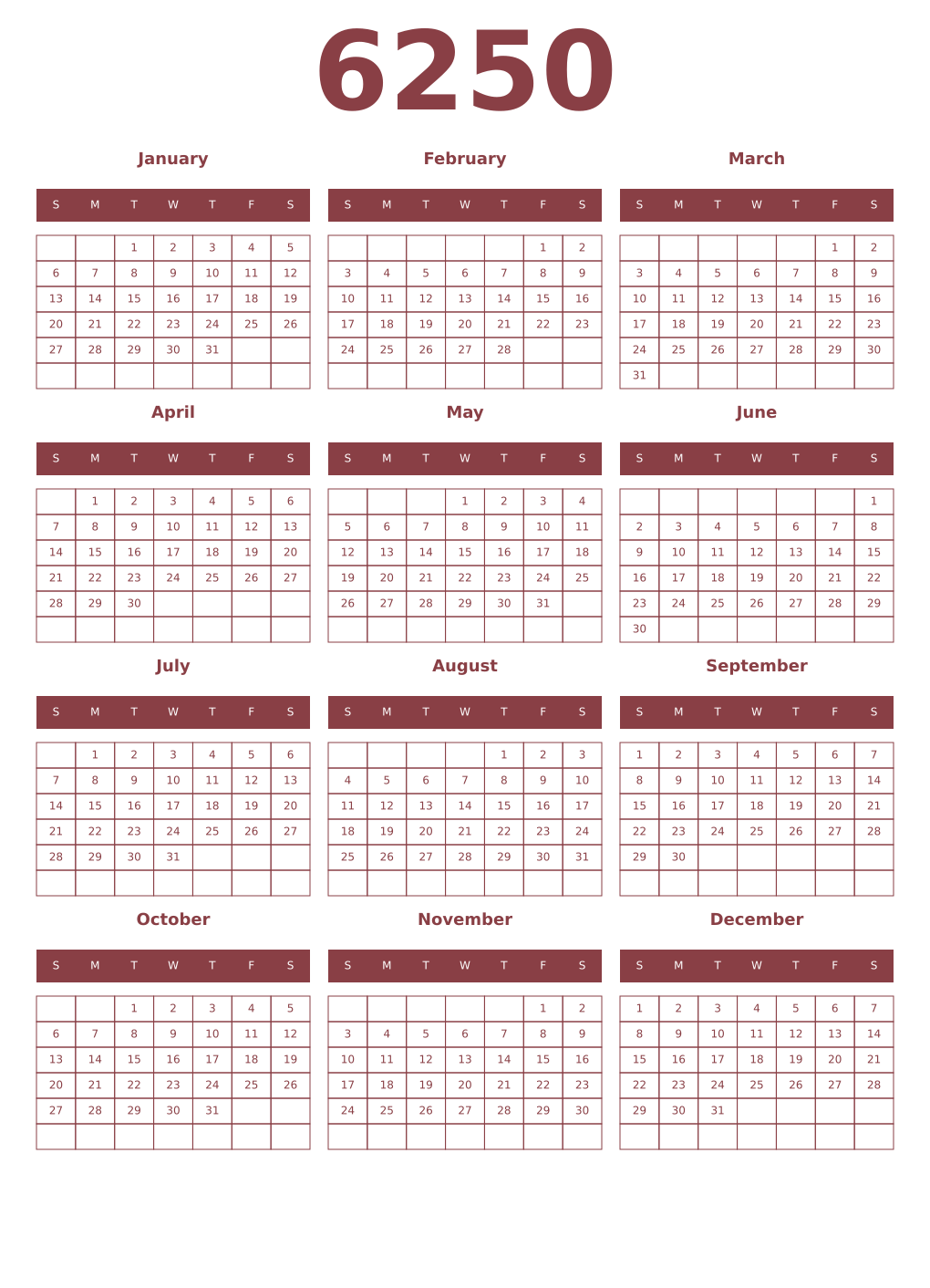 Printable 6250 Year Calendars cordovan