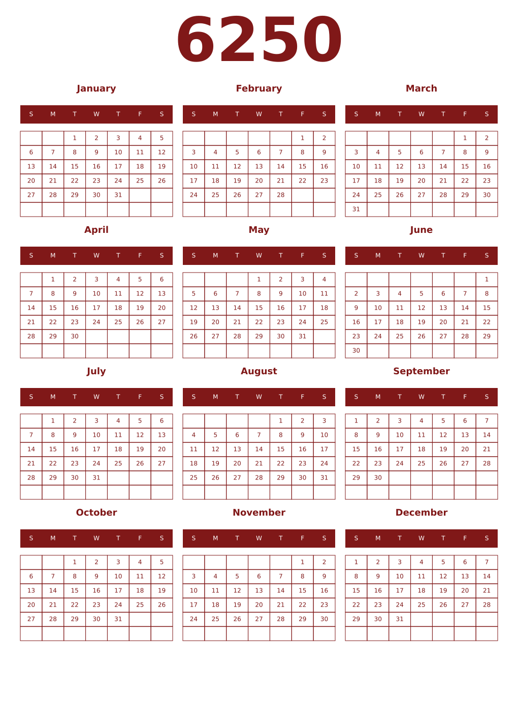 Printable 6250 Year Calendars falu
